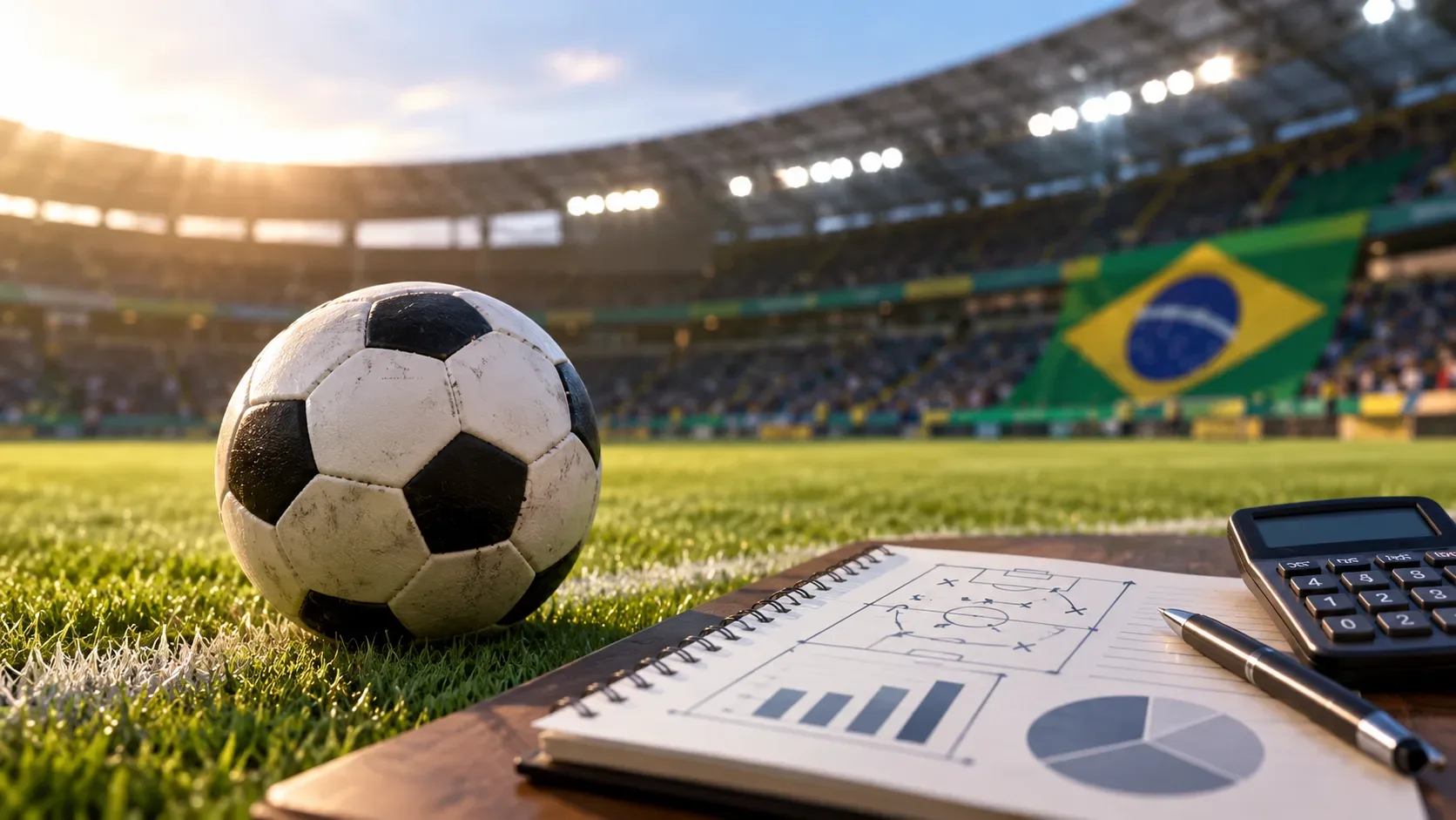 Bola de futebol no gramado ao lado de caderno com gráficos, calculadora e caneta, com estádio e bandeira do Brasil ao fundo.