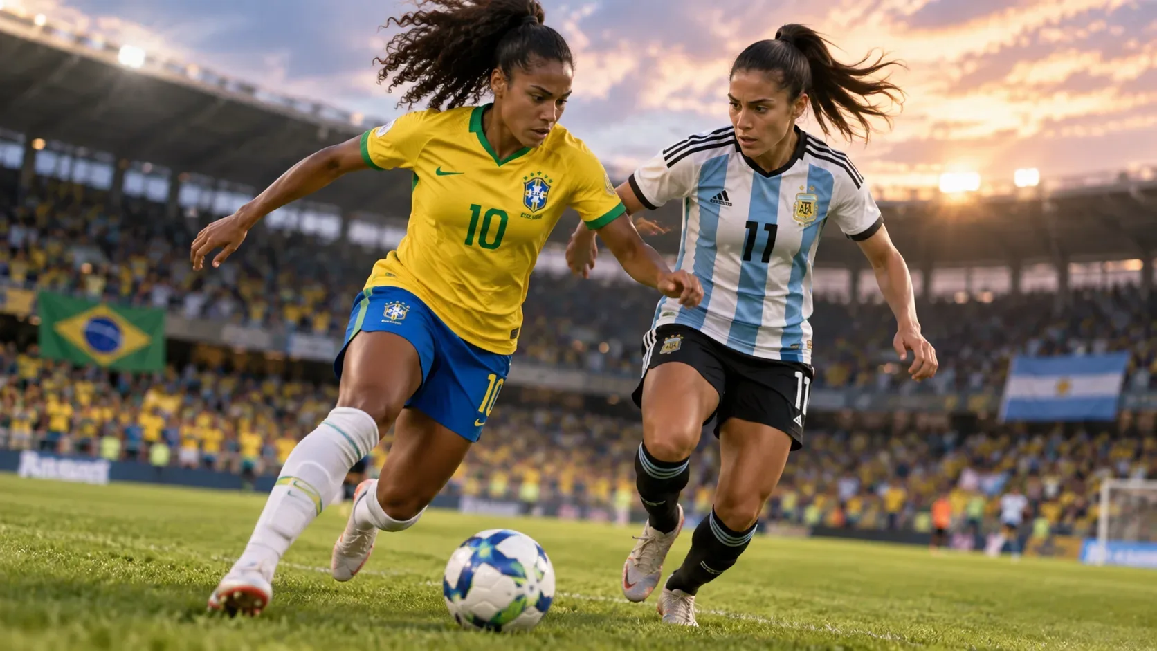 Duas jogadoras de futebol, uma com uniforme amarelo e verde e outra com uniforme azul-claro e branco, disputam a bola em um estádio lotado ao entardecer, com bandeiras do Brasil e da Argentina ao fundo.