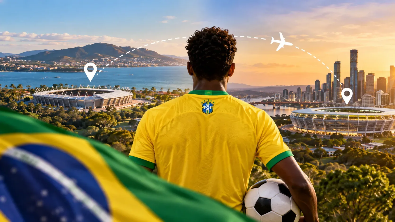 Jogador em uniforme amarelo e verde segura uma bola diante de dois estádios e paisagens urbanas australianas conectadas por uma rota aérea.