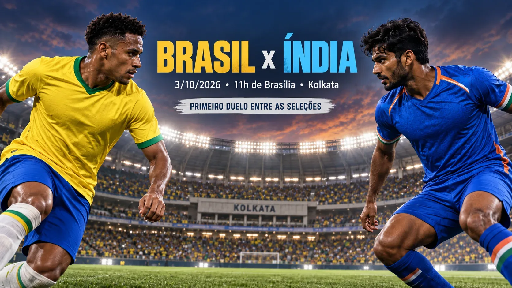 Dois jogadores genéricos, um de amarelo e outro de azul, frente a frente em um estádio iluminado de Kolkata, com chamada para Brasil x Índia.