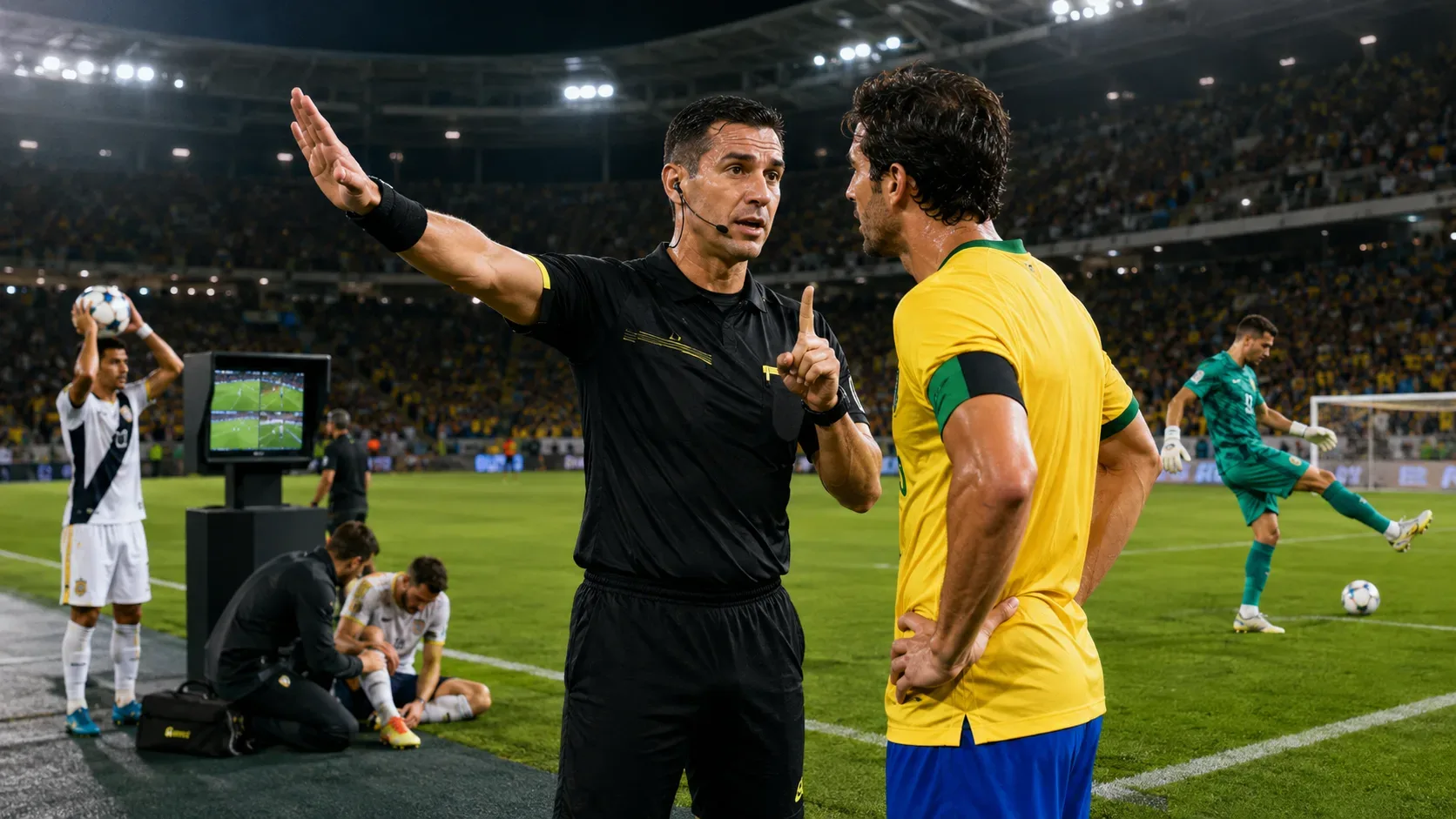 Árbitro gesticula diante de um capitão à beira do campo, com jogador cobrando lateral, atendimento médico, monitor do VAR e goleiro ao fundo em estádio lotado.