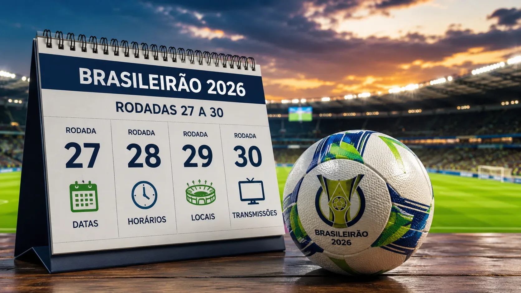 Calendário de mesa com referência ao Brasileirão 2026 ao lado de uma bola de futebol, diante de um estádio iluminado ao entardecer.