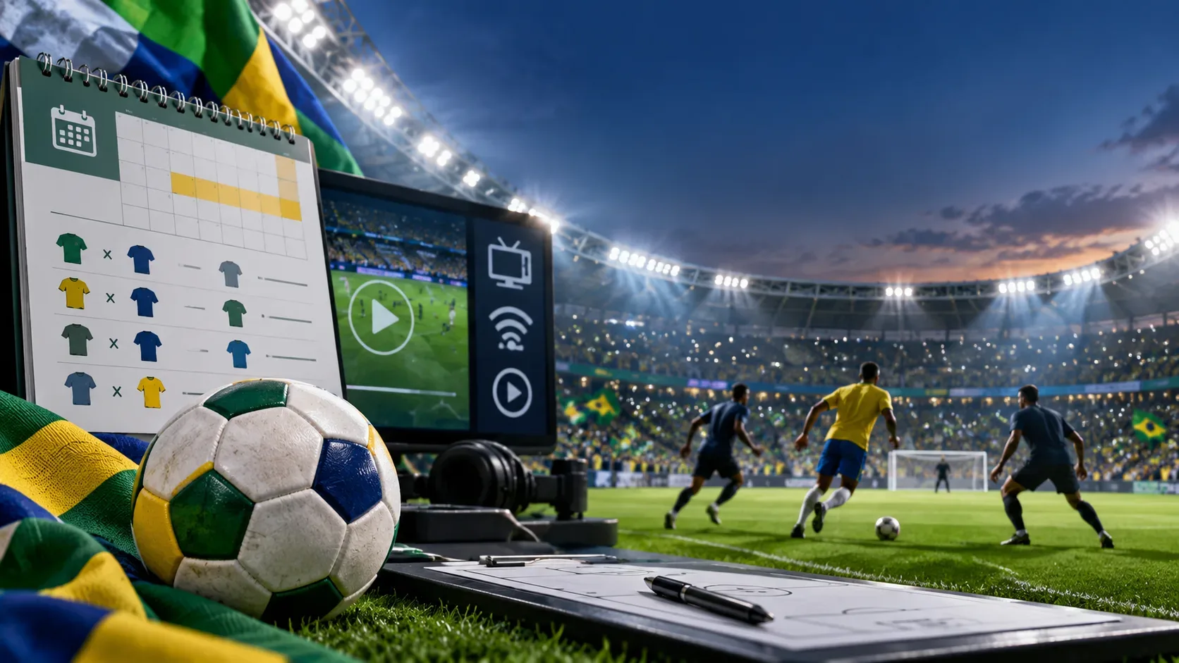 Bola de futebol diante de calendário de partidas e tela de transmissão, com estádio iluminado e jogadores ao fundo.