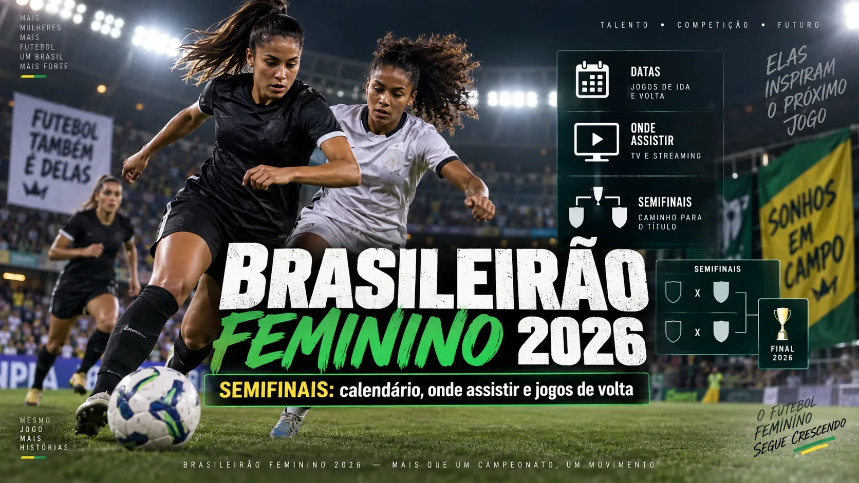 Duas jogadoras disputam a bola em estádio sob refletores, com elementos gráficos de calendário, transmissão e chave das semifinais do Brasileirão Feminino 2026.