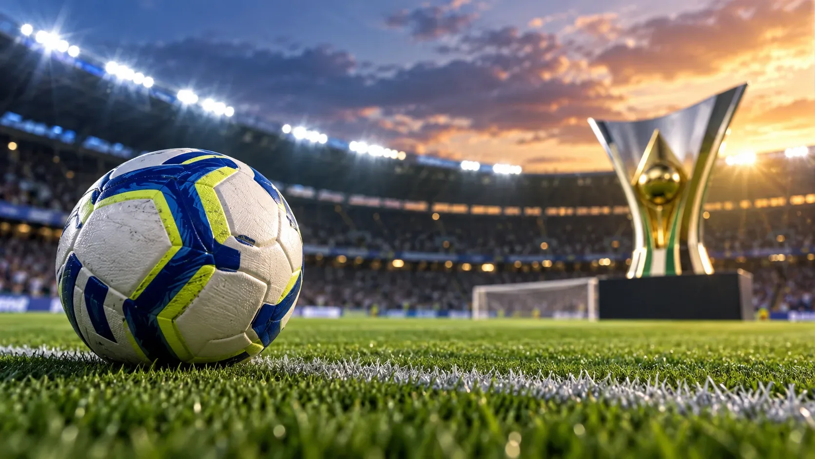 Bola de futebol em primeiro plano no gramado de um estádio iluminado ao entardecer, com troféu ao fundo.