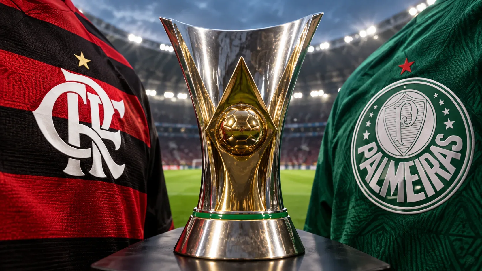 Taça prateada e dourada ao centro de um estádio iluminado, entre as cores rubro-negras do Flamengo e verdes do Palmeiras.