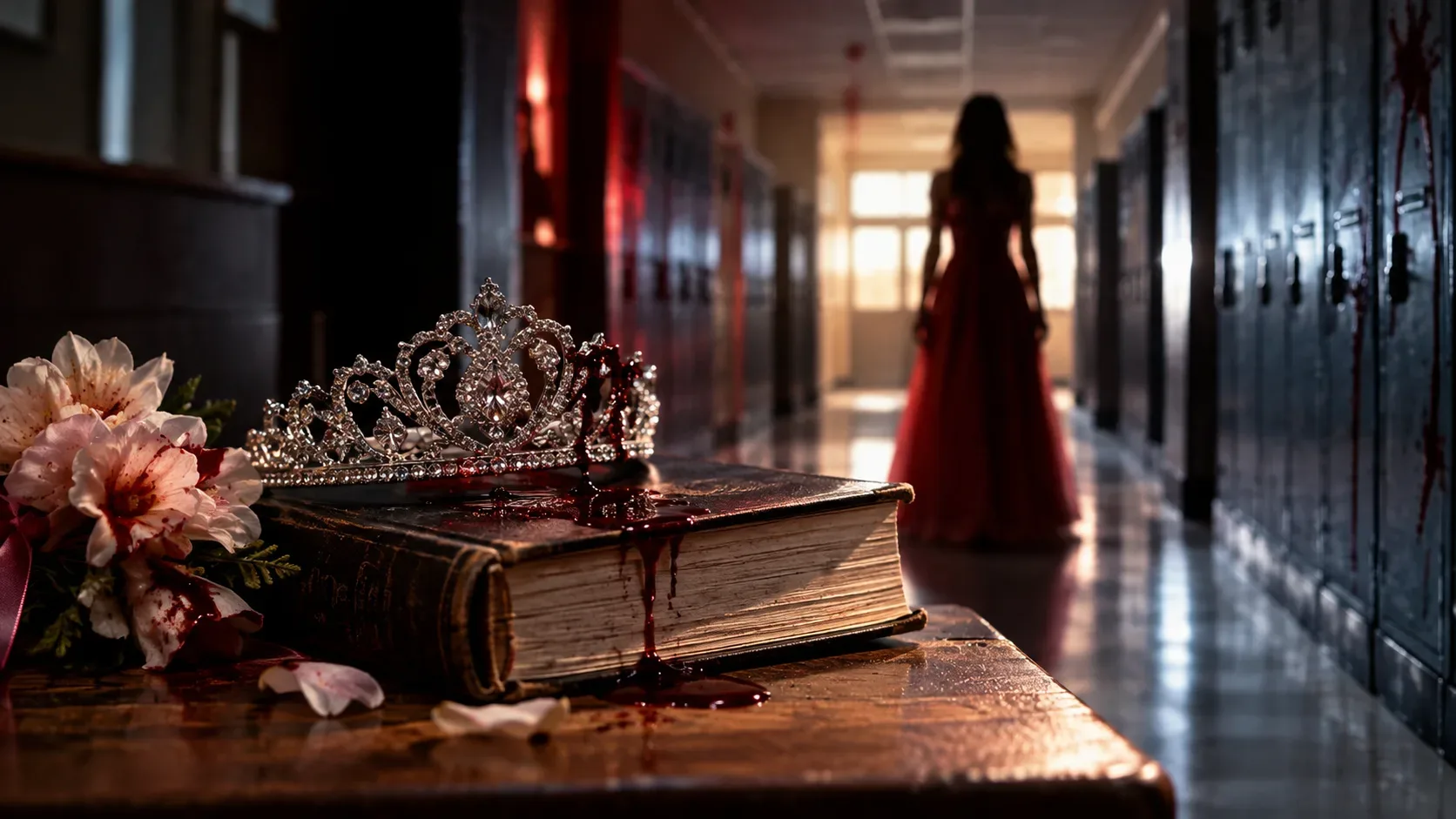 Tiara manchada de vermelho sobre um livro e flores em um corredor escolar escuro, com uma figura de vestido ao fundo sob iluminação de terror.