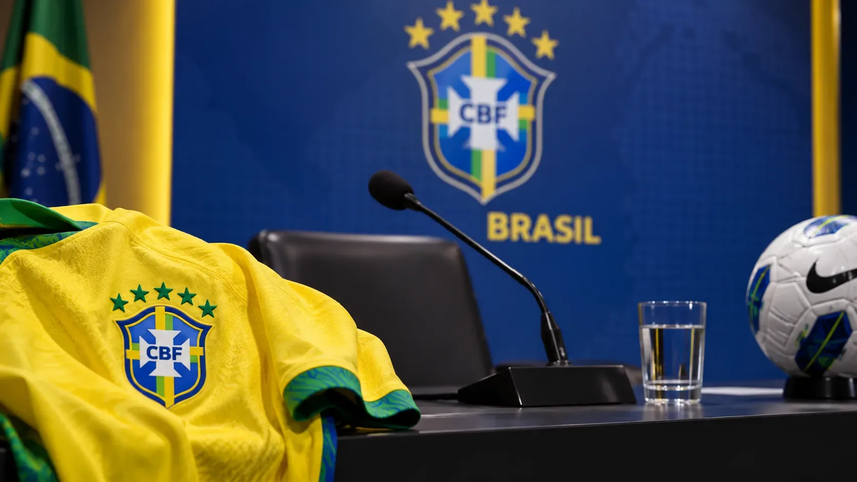 Camisa amarela da Seleção Brasileira sobre mesa de coletiva com microfone, bola e escudo da CBF ao fundo.