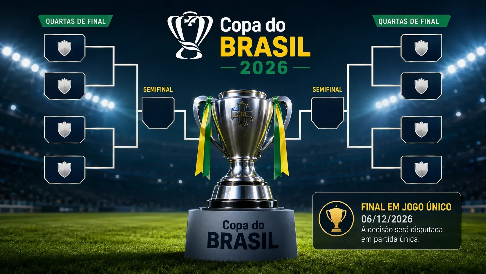 Troféu prateado em estádio iluminado, cercado por um chaveamento de quartas e semifinais e destaque visual para a final única de 6 de dezembro de 2026.