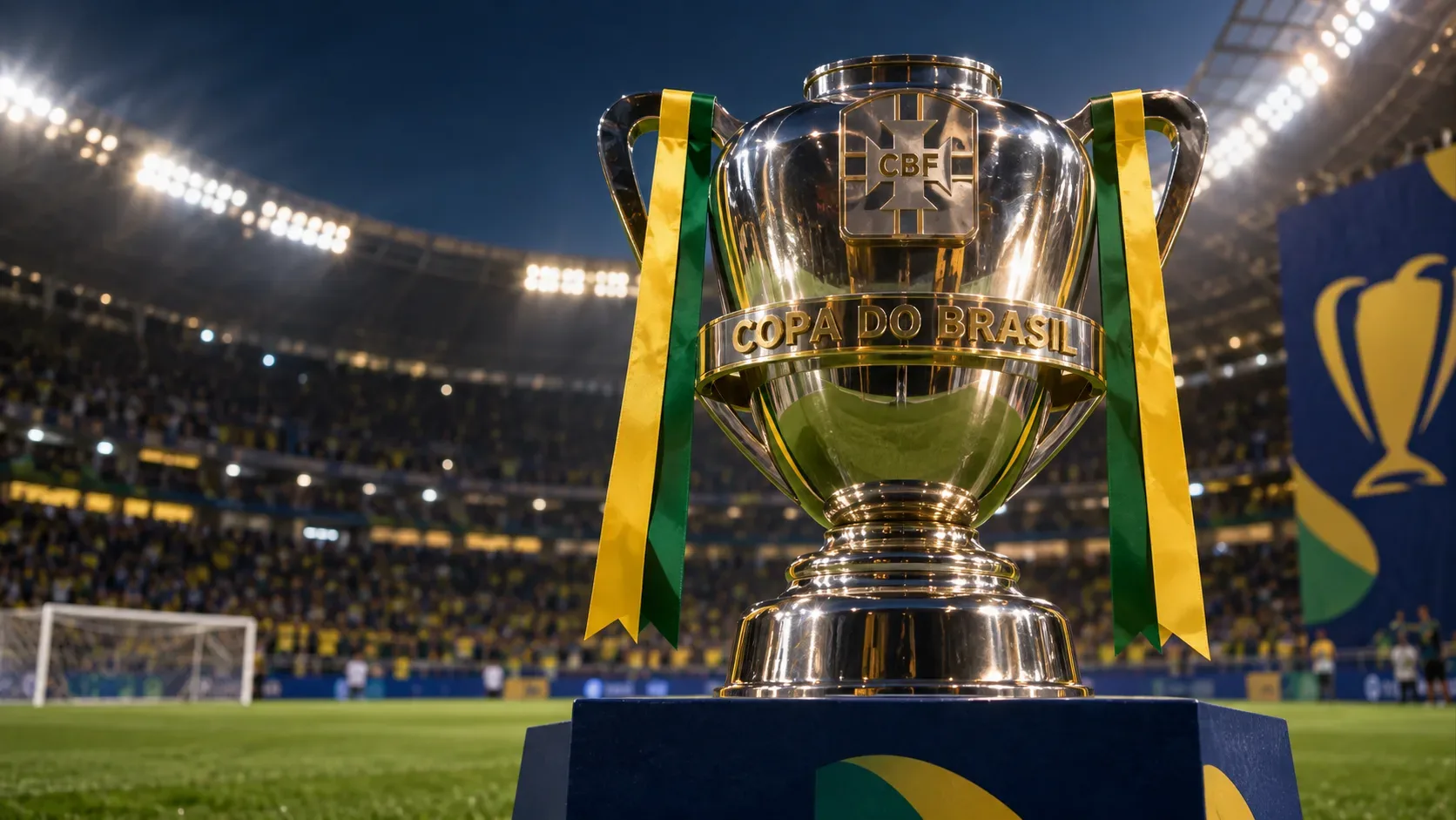 Taça prateada da Copa do Brasil com fitas verdes e amarelas em primeiro plano, diante de estádio iluminado à noite.