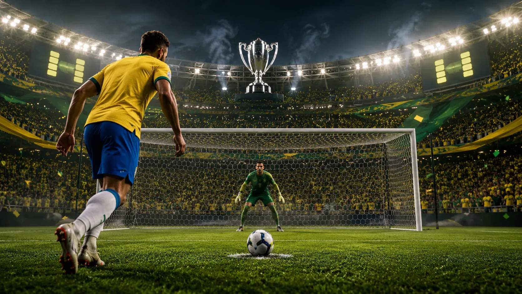 Jogador de amarelo se aproxima da bola no ponto de pênalti, com goleiro de verde diante do gol e taça prateada ao fundo em estádio lotado.
