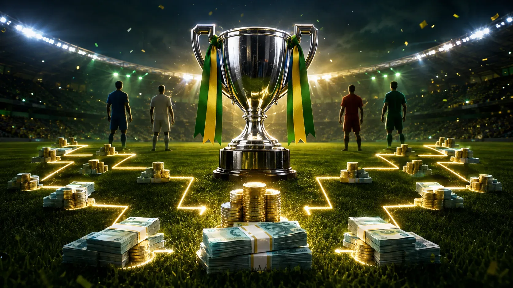 Taça prateada ao centro de um estádio, cercada por quatro jogadores e caminhos luminosos com pilhas de dinheiro que convergem para o troféu.