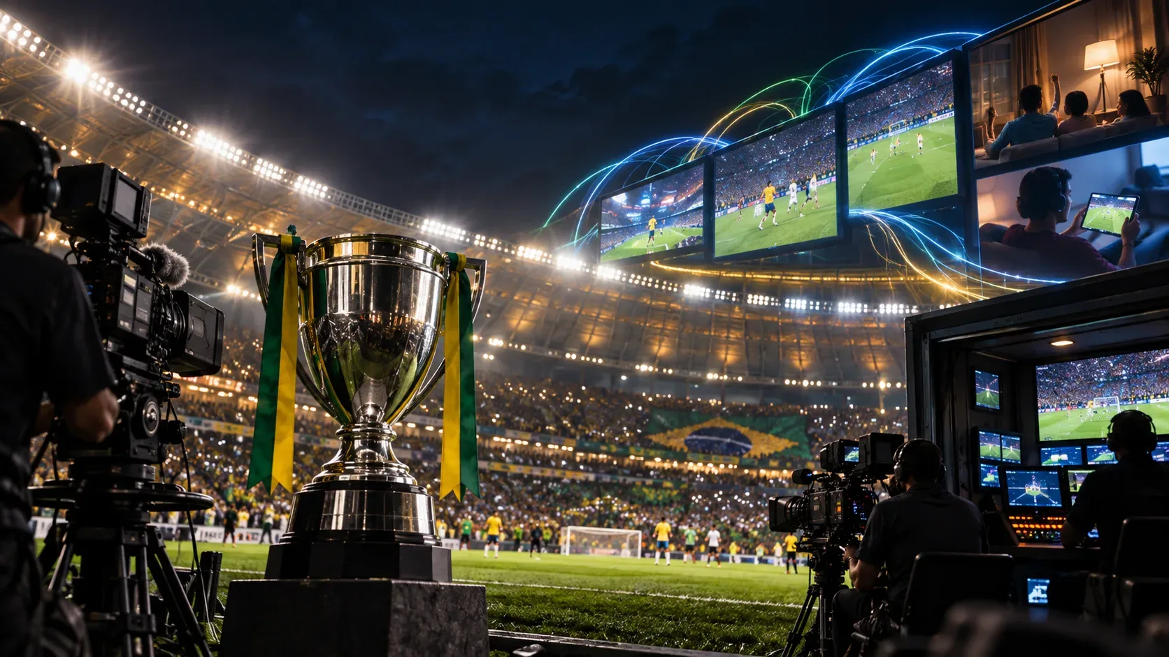Taça prateada em estádio de futebol iluminado, cercada por câmeras de transmissão e telas que representam distribuição multiplataforma.