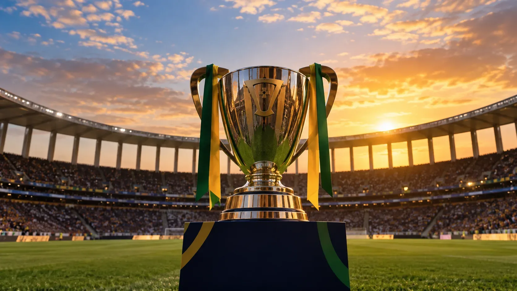 Troféu de futebol sobre pedestal no gramado de um estádio lotado ao pôr do sol, com fitas verdes e amarelas.