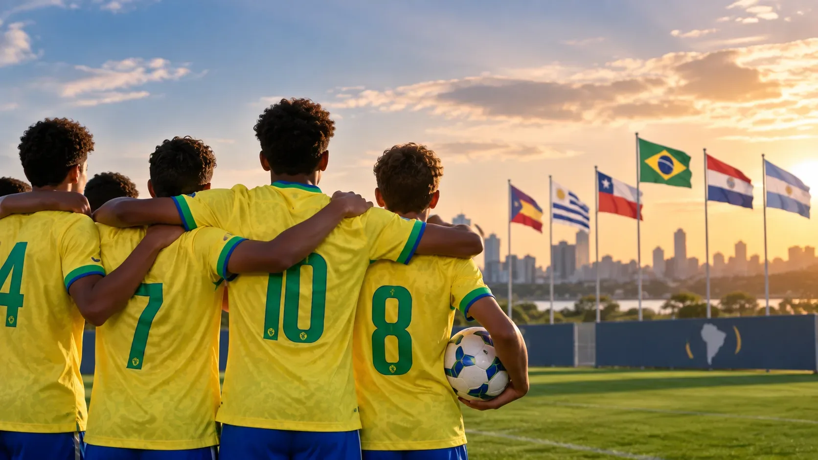 Jogadores adolescentes com uniformes amarelos do Brasil abraçados de costas diante de um campo de futebol e bandeiras sul-americanas ao pôr do sol.