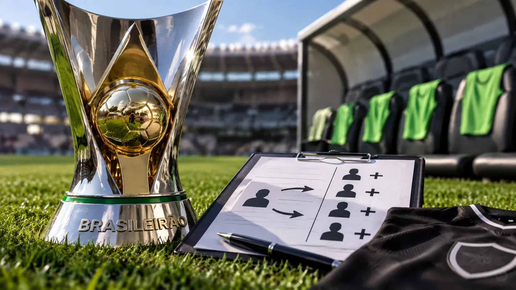 Troféu do Brasileirão ao lado de prancheta com símbolos de transferência, camisa escura e banco de reservas com coletes verdes ao fundo.