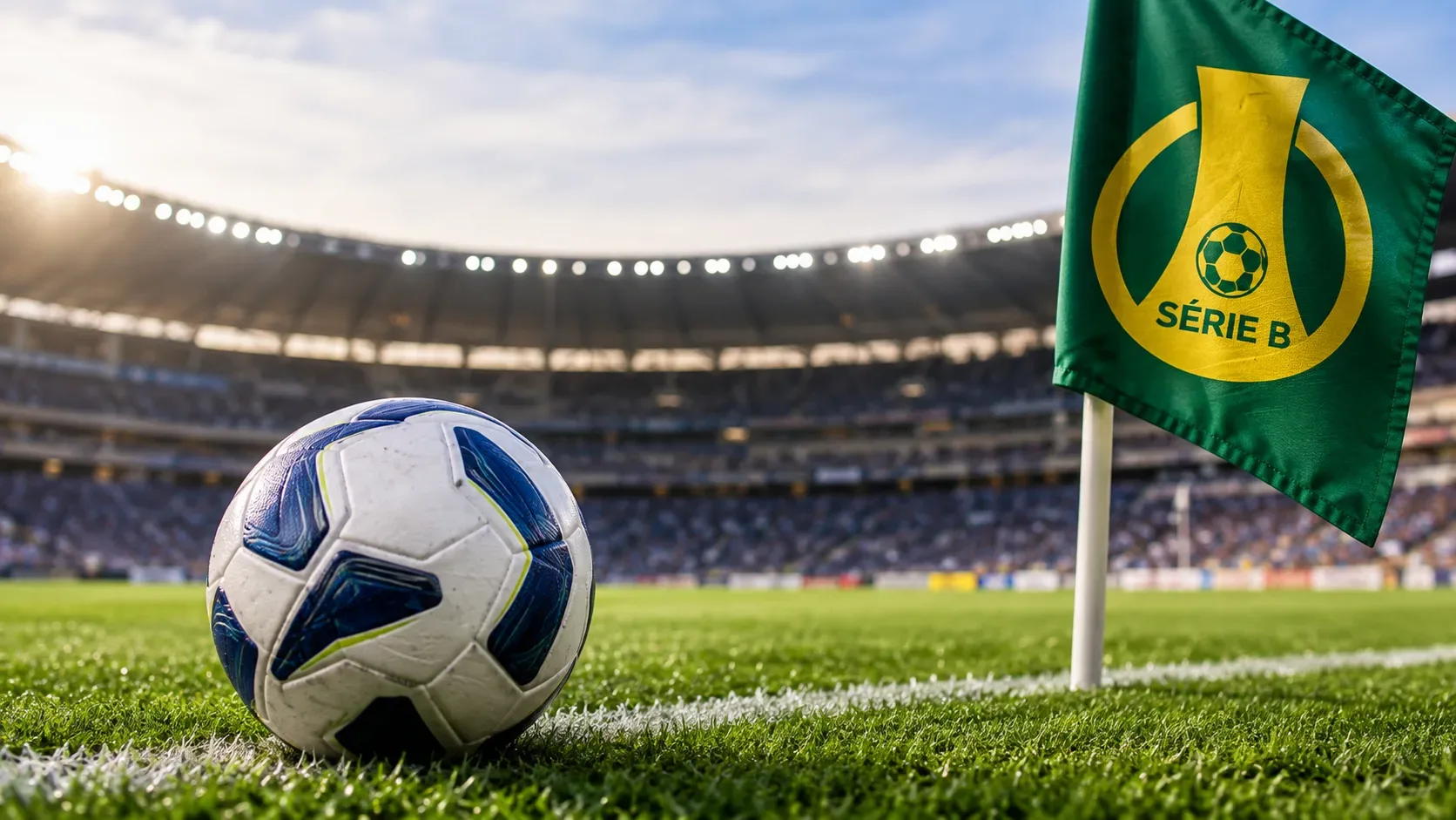 Bola de futebol junto a uma bandeirinha verde e amarela em um estádio cheio sob fortes refletores.