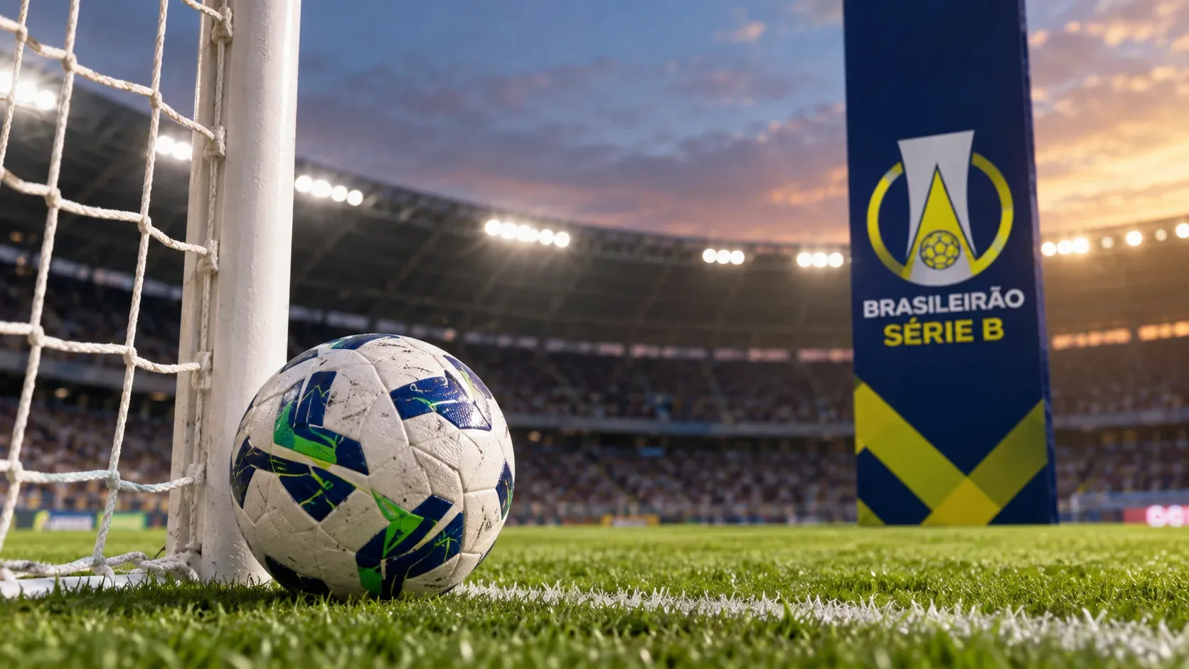 Bola de futebol encostada à trave em estádio iluminado, com painel azul da Série B ao fundo.