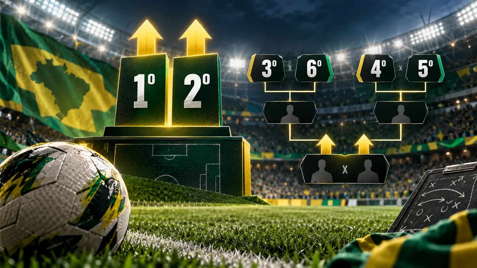 Estádio iluminado com bola em primeiro plano, placas de 1º e 2º com setas de acesso e chaveamento visual entre 3º, 4º, 5º e 6º.
