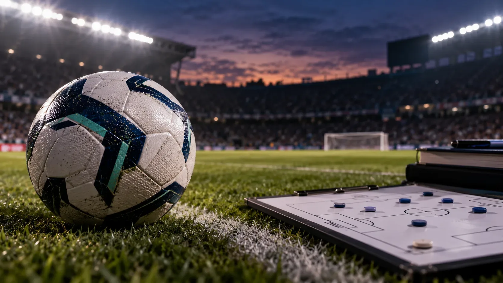 Bola de futebol junto à linha lateral, com prancheta tática sobre o gramado e estádio iluminado ao entardecer.