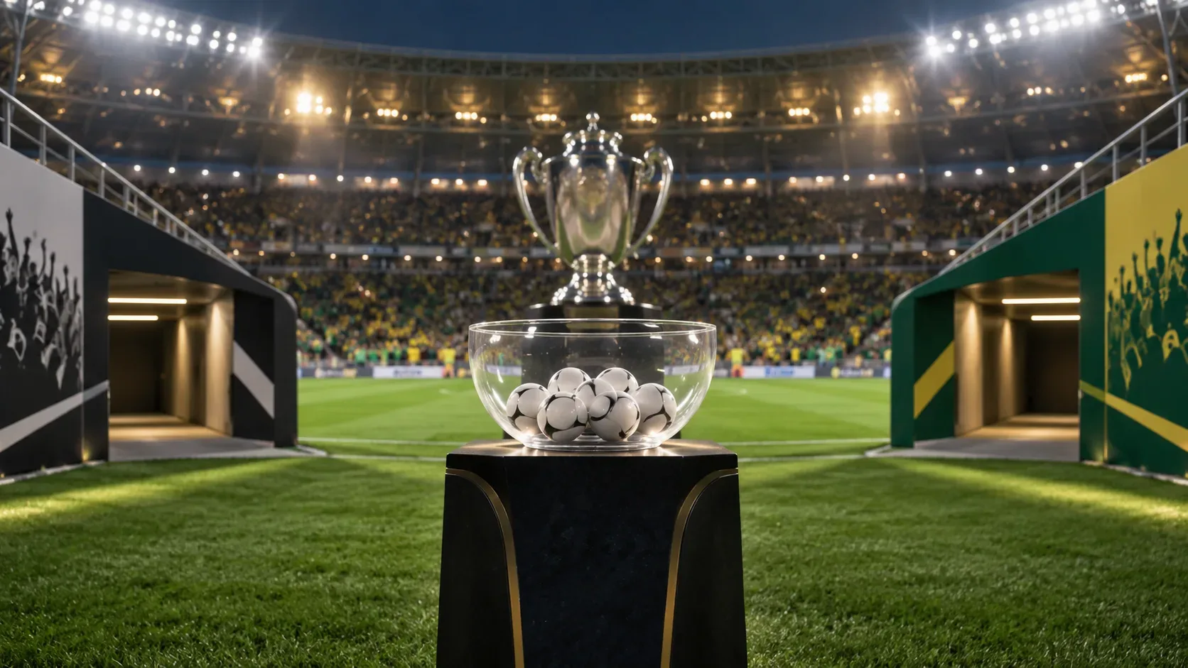 Urna transparente com bolas de sorteio diante de um troféu em estádio de futebol iluminado, com dois túneis opostos nas laterais.