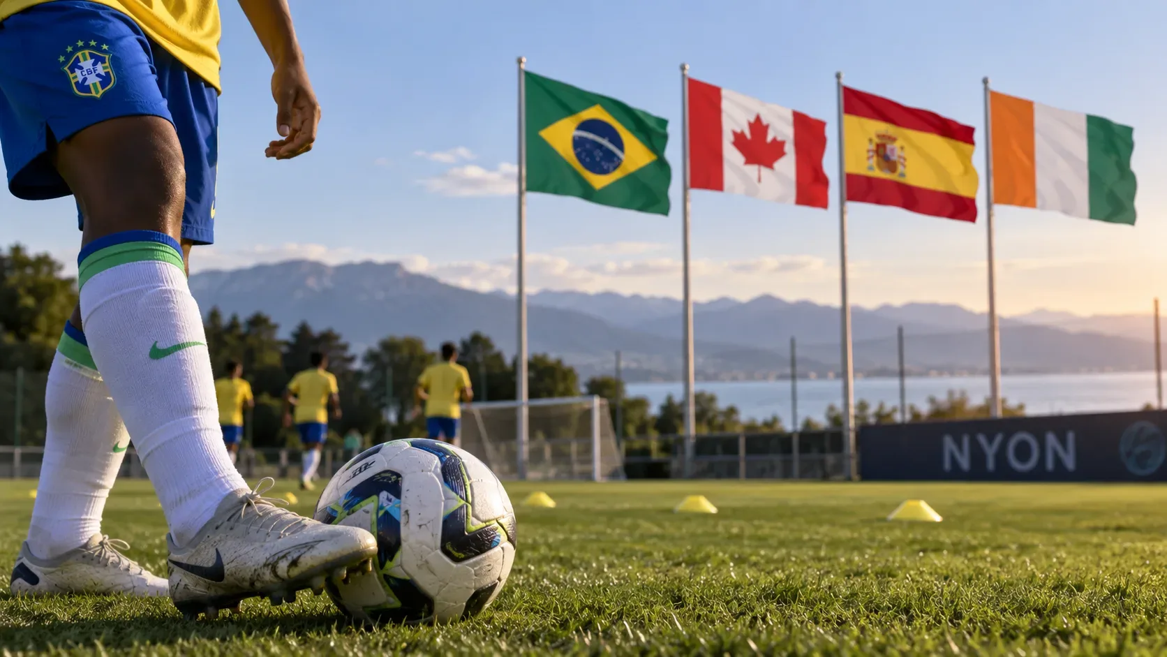 Jogador com uniforme amarelo e azul ao lado da bola em campo de treino em Nyon, com bandeiras de Brasil, Canadá, Espanha e Costa do Marfim ao fundo.