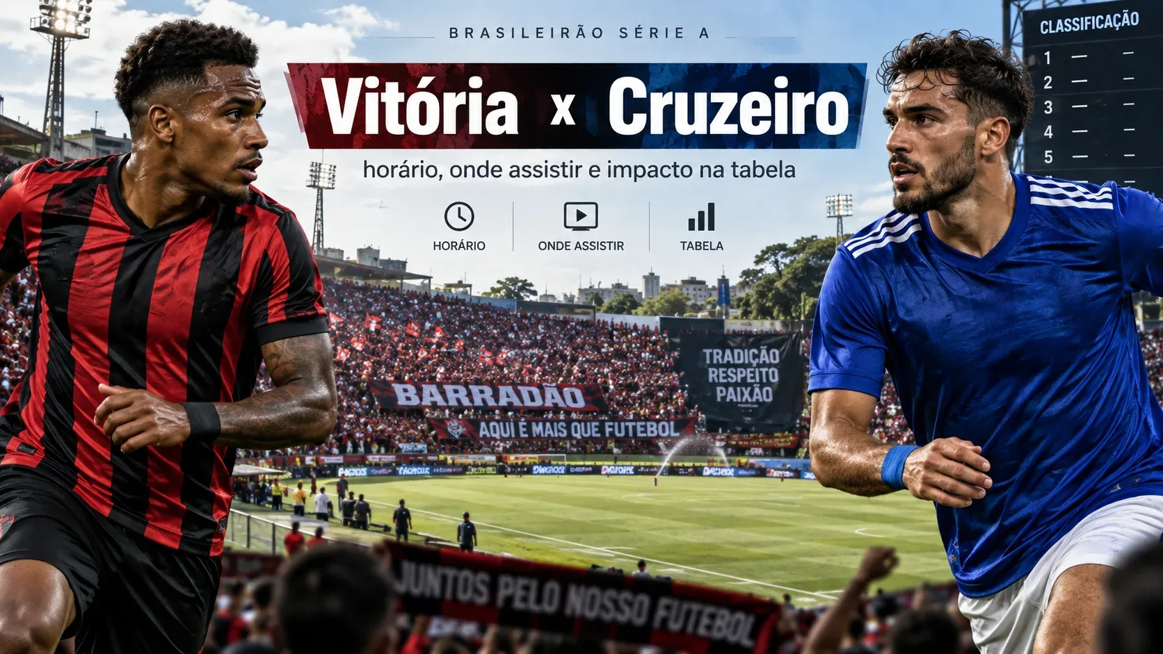 Jogadores com uniformes vermelho e preto e azul diante de estádio lotado, em arte de Vitória x Cruzeiro com referências a horário, transmissão e classificação.