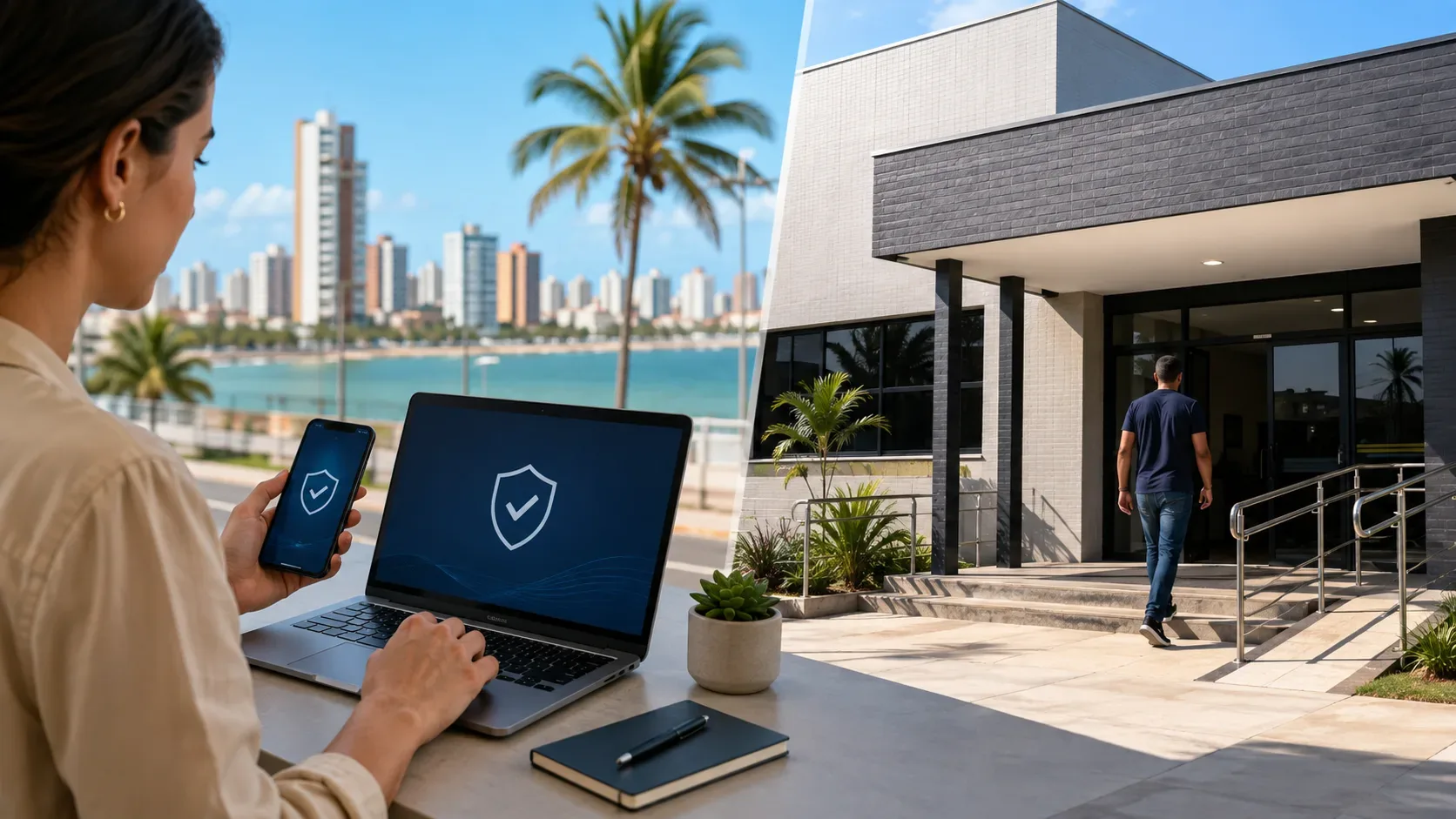 Mulher usa celular e notebook com ícones genéricos de segurança, enquanto um homem entra em uma delegacia moderna diante de paisagem urbana costeira.