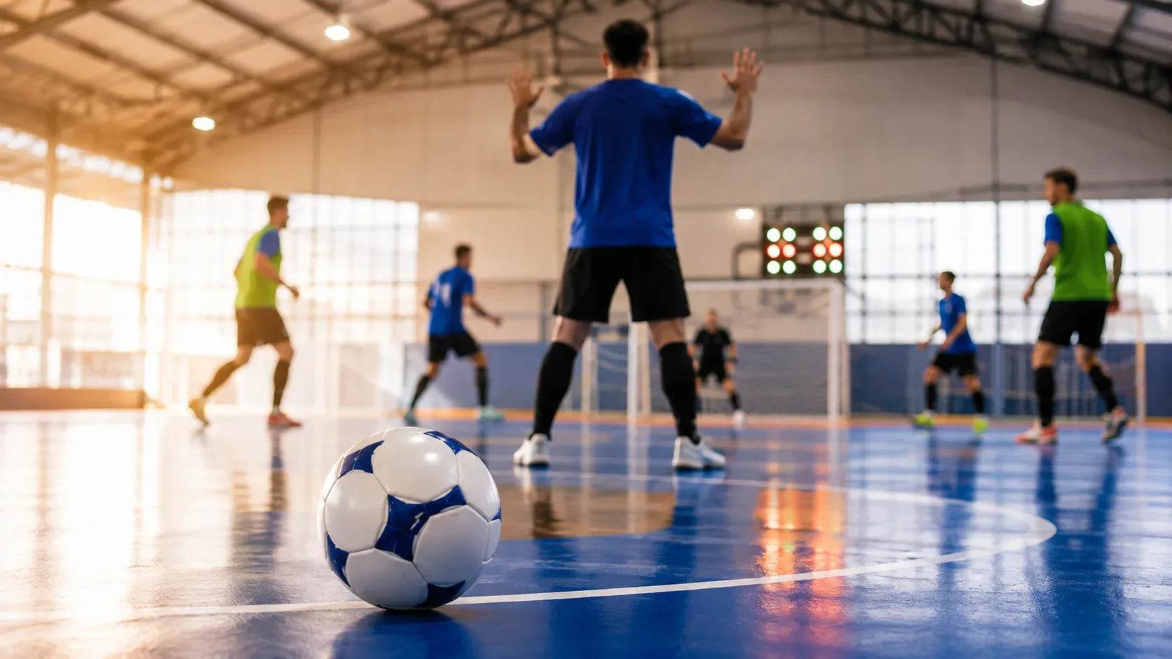 Quadra de futsal no Parque da Sementeira com árbitro utilizando sinalização visual diante de atletas surdos.