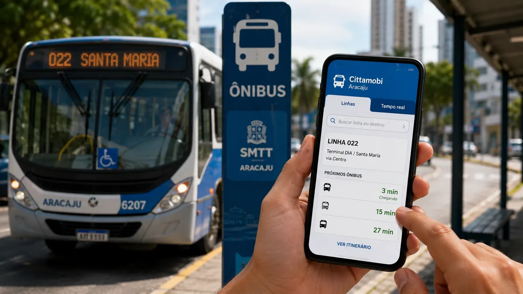 Pessoa segura um celular com tela ilustrativa de consulta de ônibus ao lado de um ônibus urbano em um ponto de Aracaju.