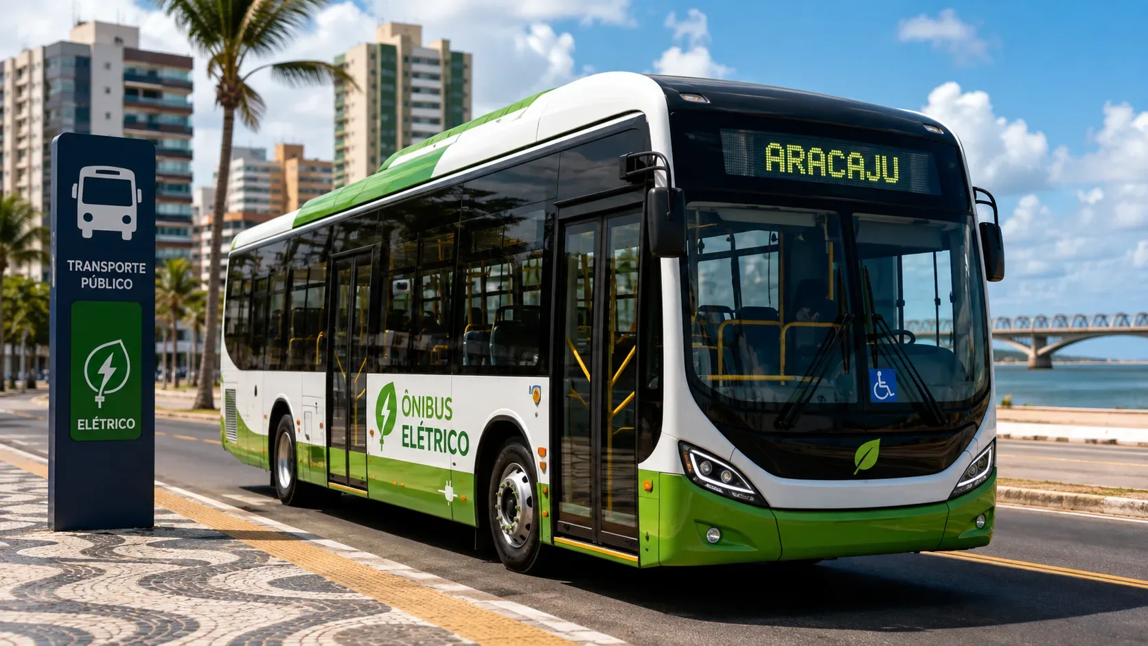 Ônibus urbano elétrico circulando em avenida de Aracaju, com prédios, palmeiras e orla ao fundo.