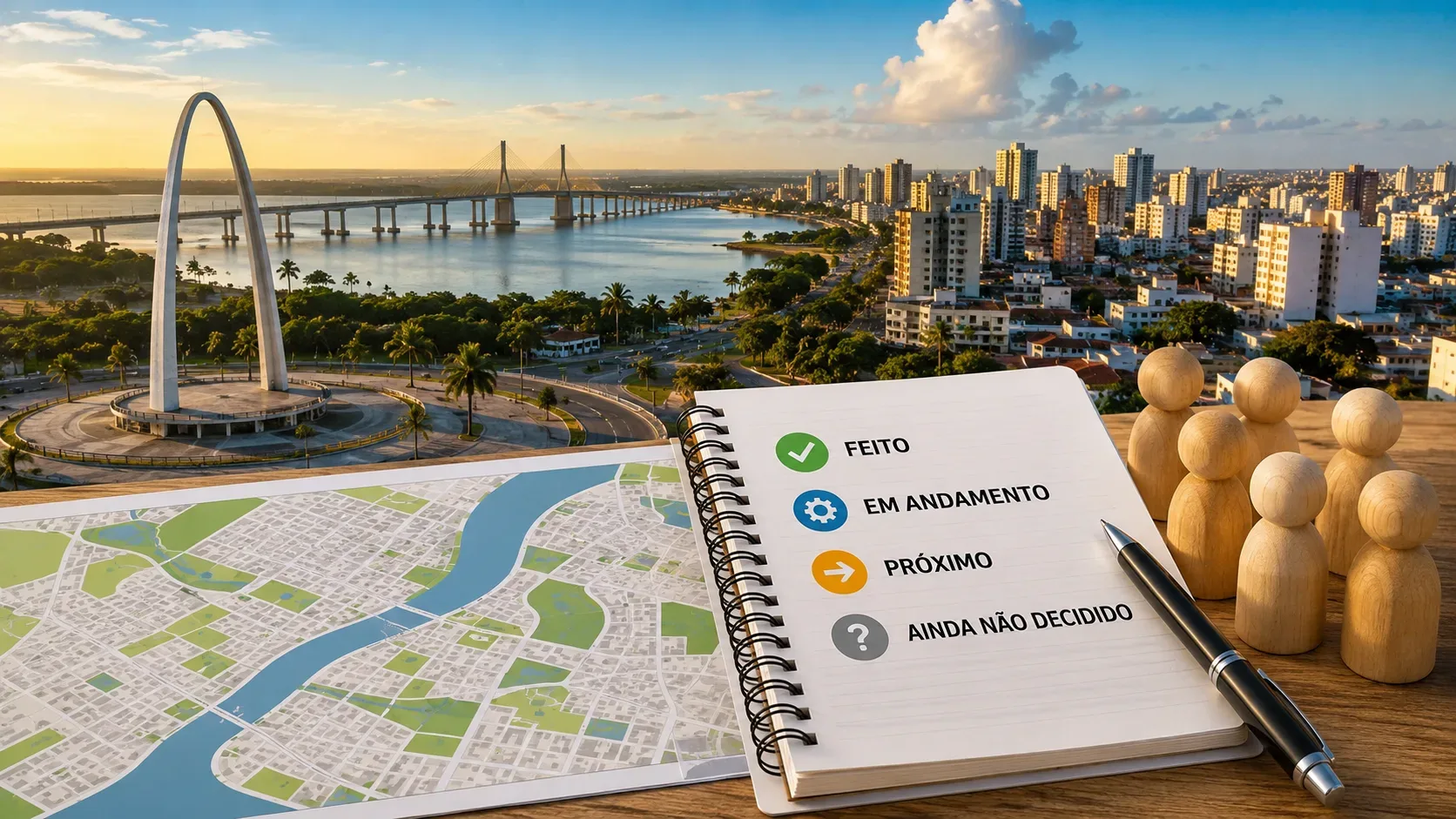 Vista urbana com rio e ponte, mapa da cidade, caderno com etapas do processo e figuras de madeira representando participação pública.