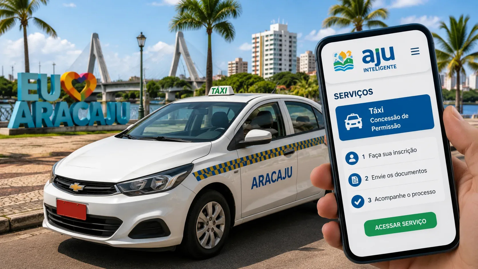 Táxi branco em Aracaju diante de ponto turístico, com celular exibindo o serviço de concessão de permissão de táxi no Aju Inteligente.