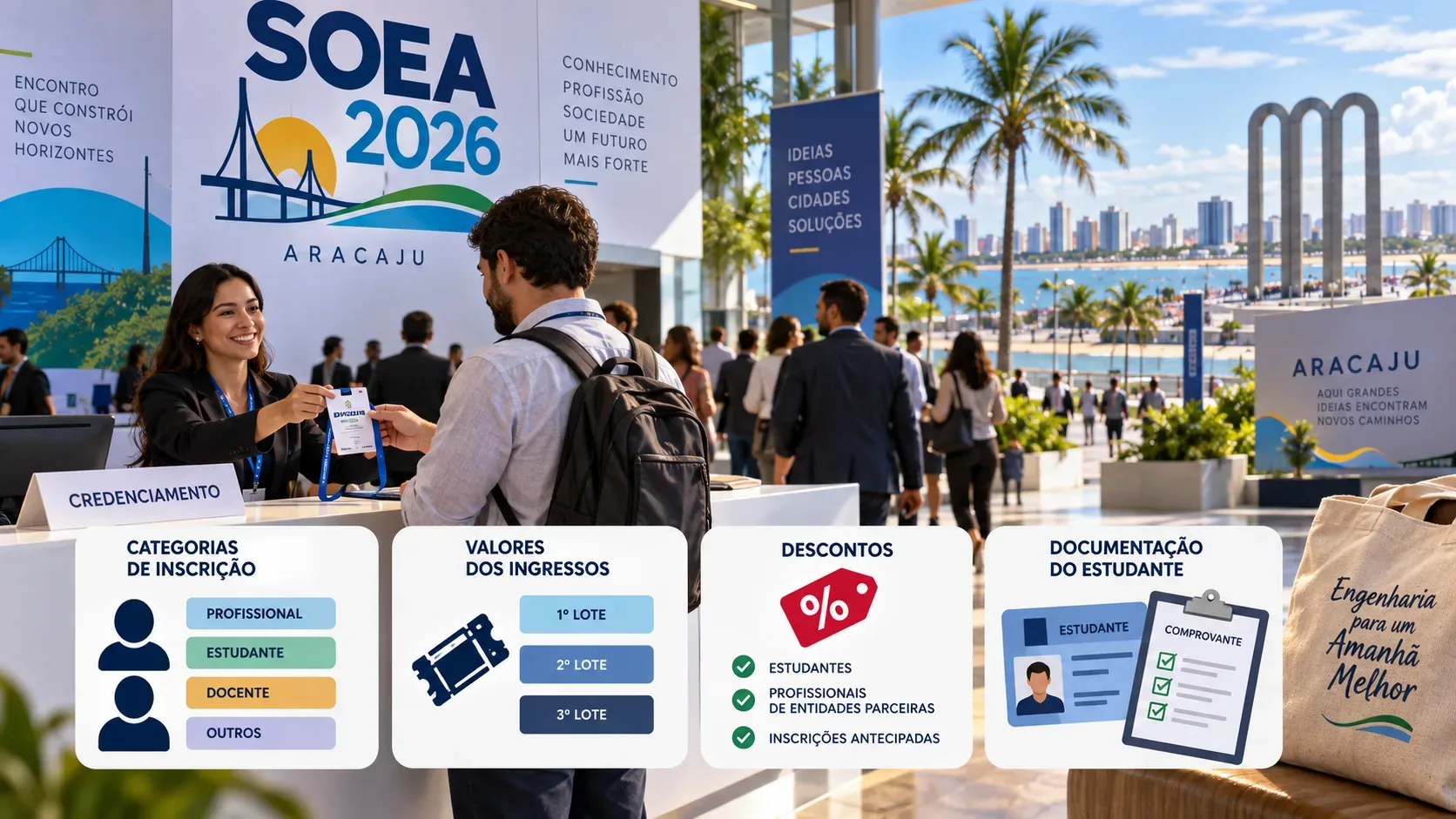 Cena de credenciamento da SOEA 2026 com participantes, sinalização do evento e de Aracaju ao fundo, além de painéis visuais sobre categorias, valores, descontos e documentação estudantil.