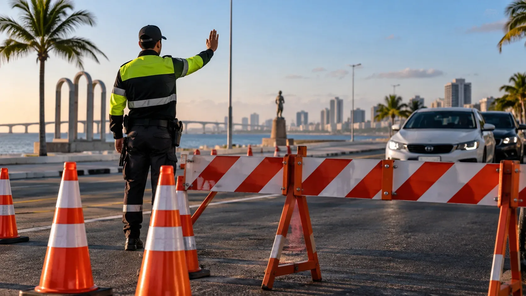Agente de trânsito sinaliza bloqueio com cones e barreira em avenida litorânea, enquanto carros aguardam a liberação.