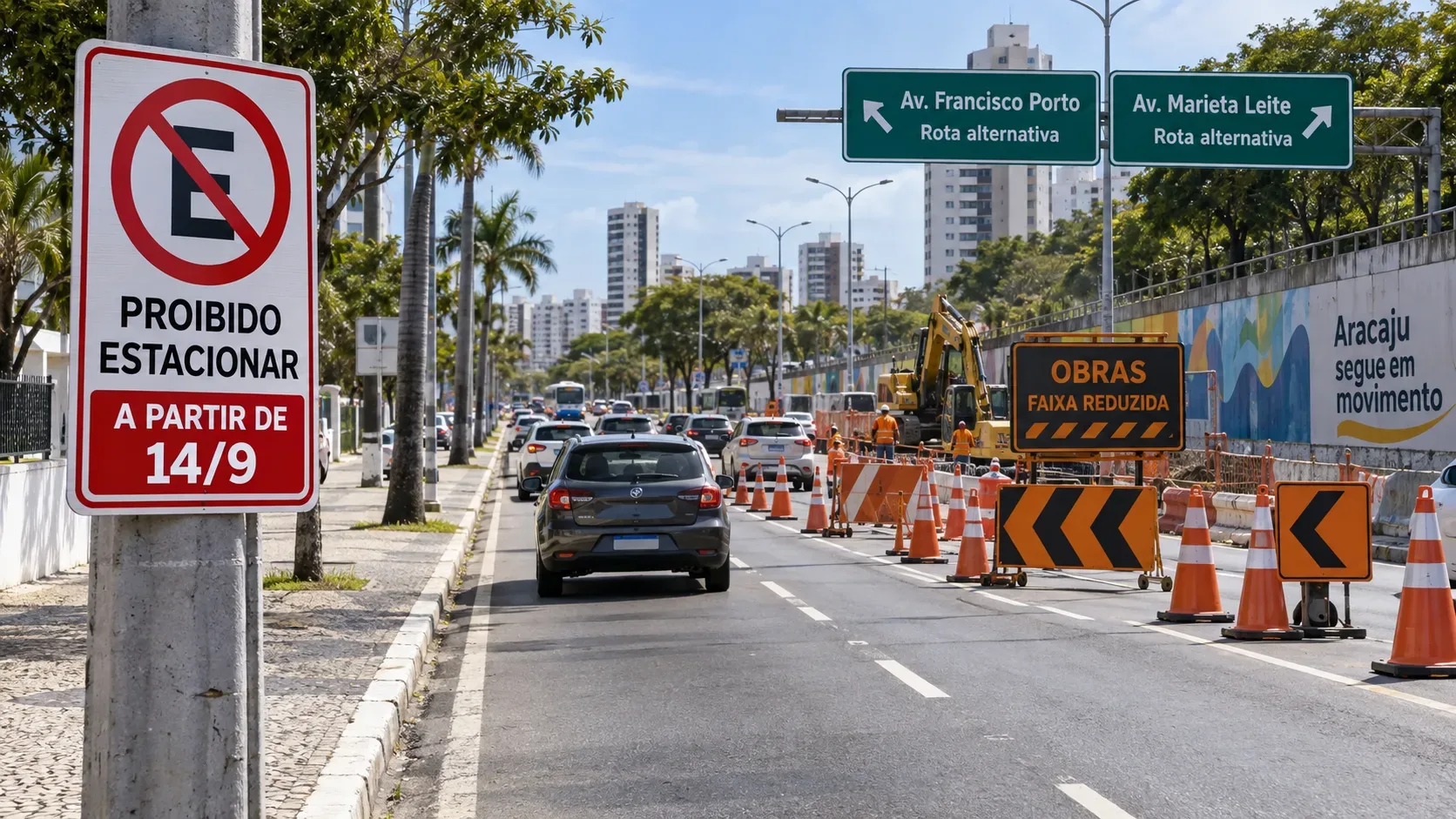 Cena ilustrativa de avenida urbana em Aracaju com placa de proibido estacionar, obra reduzindo a pista e sinalização indicando rotas alternativas.
