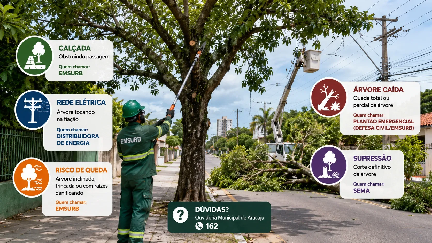 Trabalhador da Emsurb podando uma árvore em rua urbana, com rede elétrica e árvore caída ao fundo e cartões visuais indicando responsáveis por diferentes ocorrências.