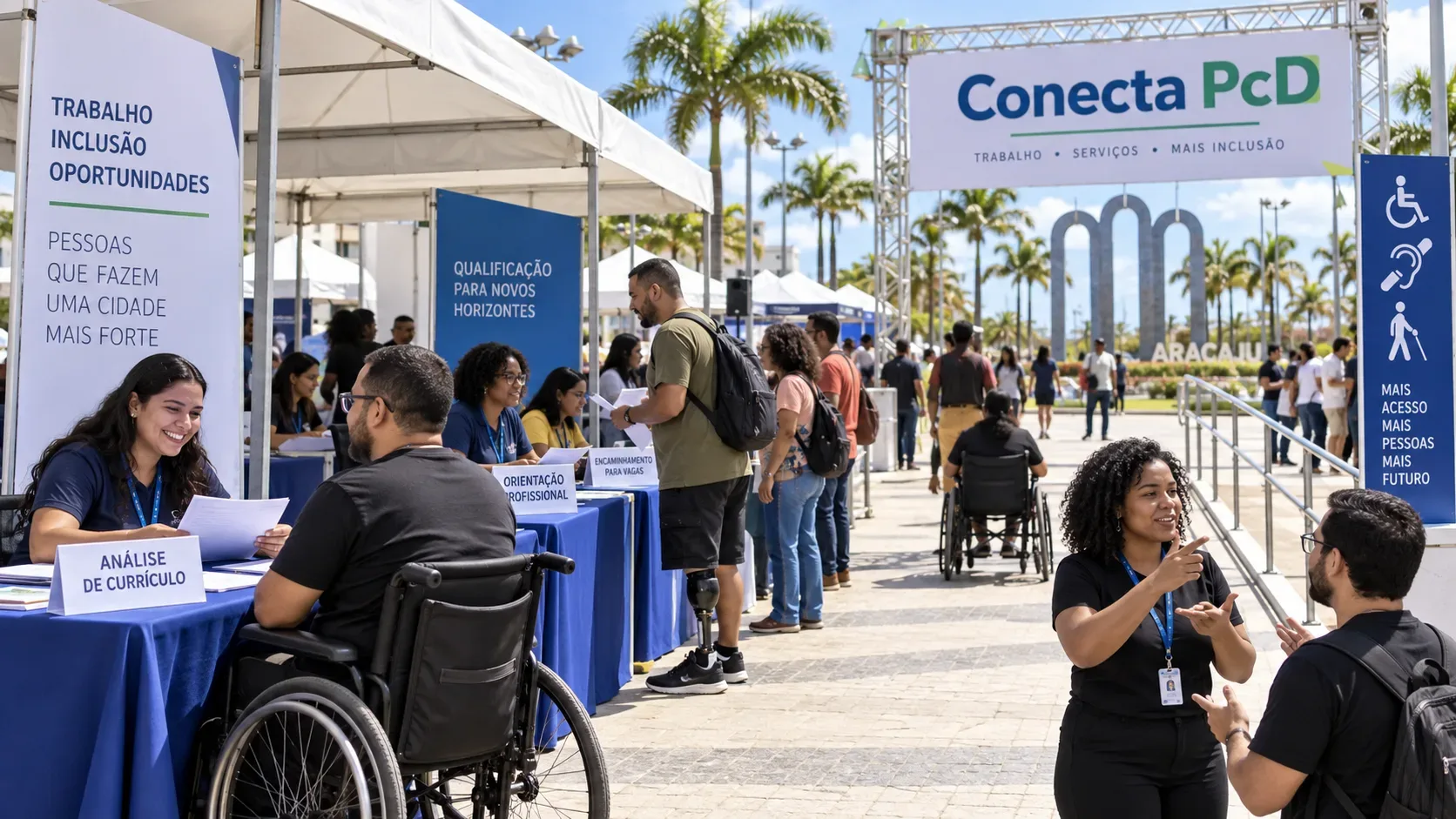 Feira de empregabilidade ao ar livre em Aracaju, com pessoas com deficiência recebendo atendimento de currículo e orientação, incluindo usuários de cadeira de rodas e intérprete de Libras.