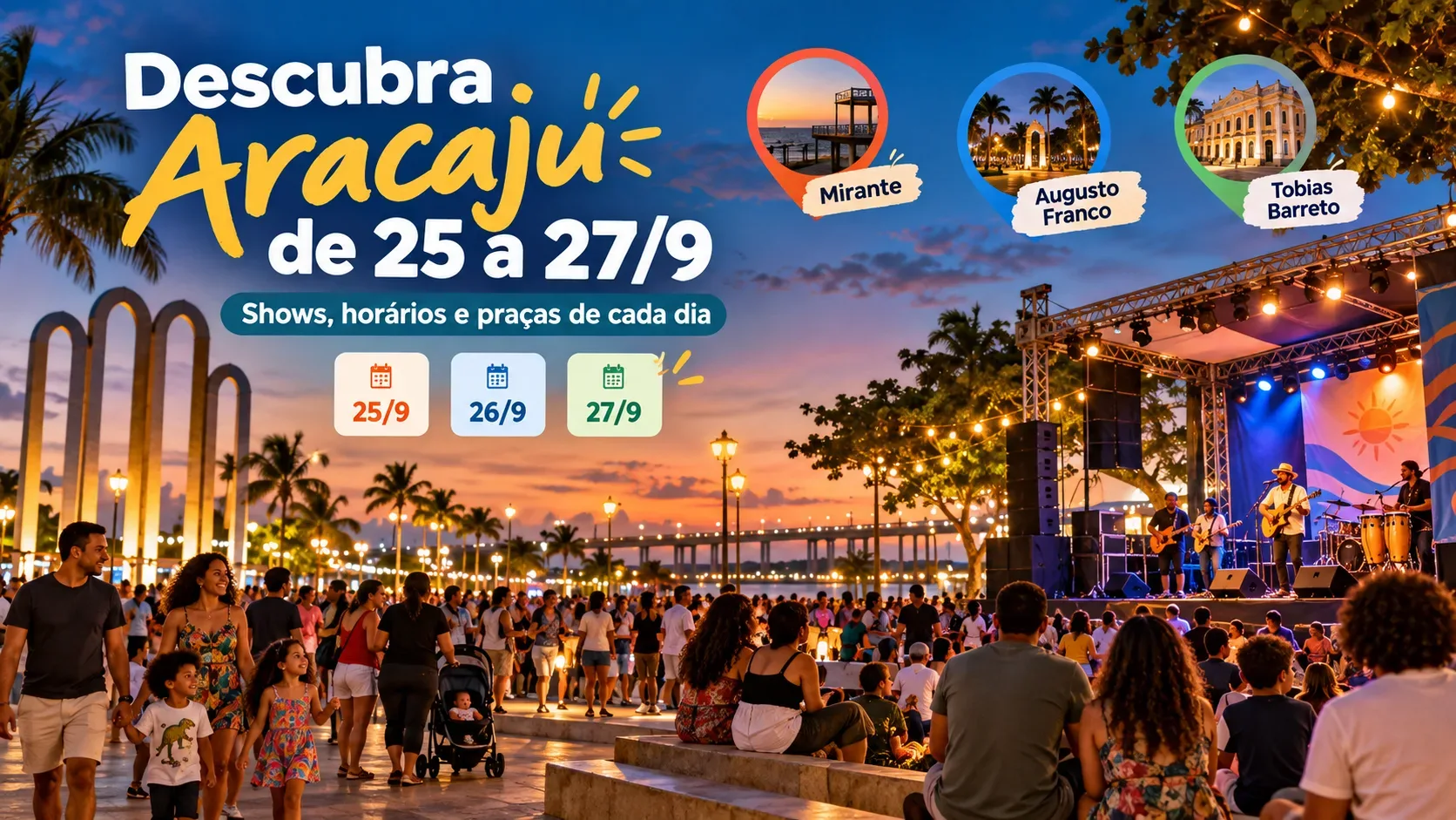 Cena de evento ao ar livre ao entardecer em Aracaju, com famílias, palco iluminado e elementos gráficos destacando Mirante, Augusto Franco, Tobias Barreto e as datas 25, 26 e 27/9.