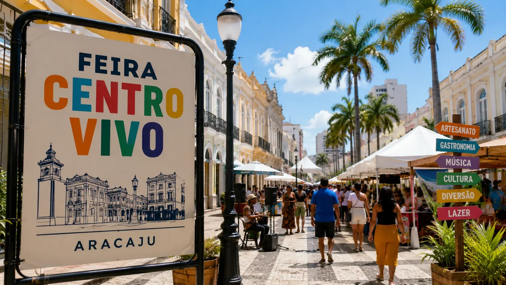 Rua histórica ensolarada em Aracaju com tendas de feira, público caminhando, palmeiras, placa Feira Centro Vivo Aracaju e sinalizações de artesanato, gastronomia, música, cultura, diversão e lazer.