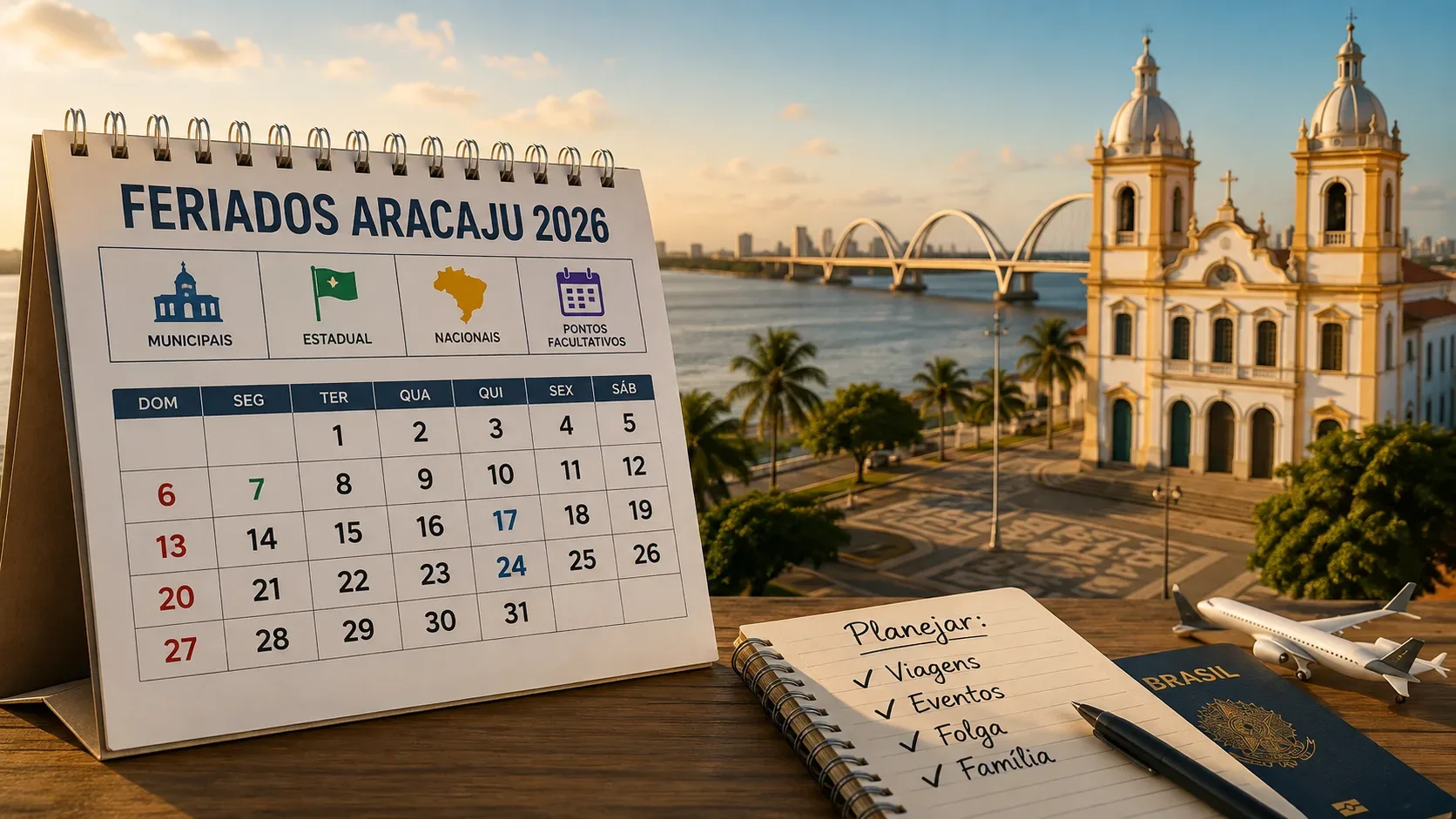 Calendário de mesa de feriados de Aracaju ao lado de caderno, passaporte e miniatura de avião, com orla, ponte e igreja ao fundo.