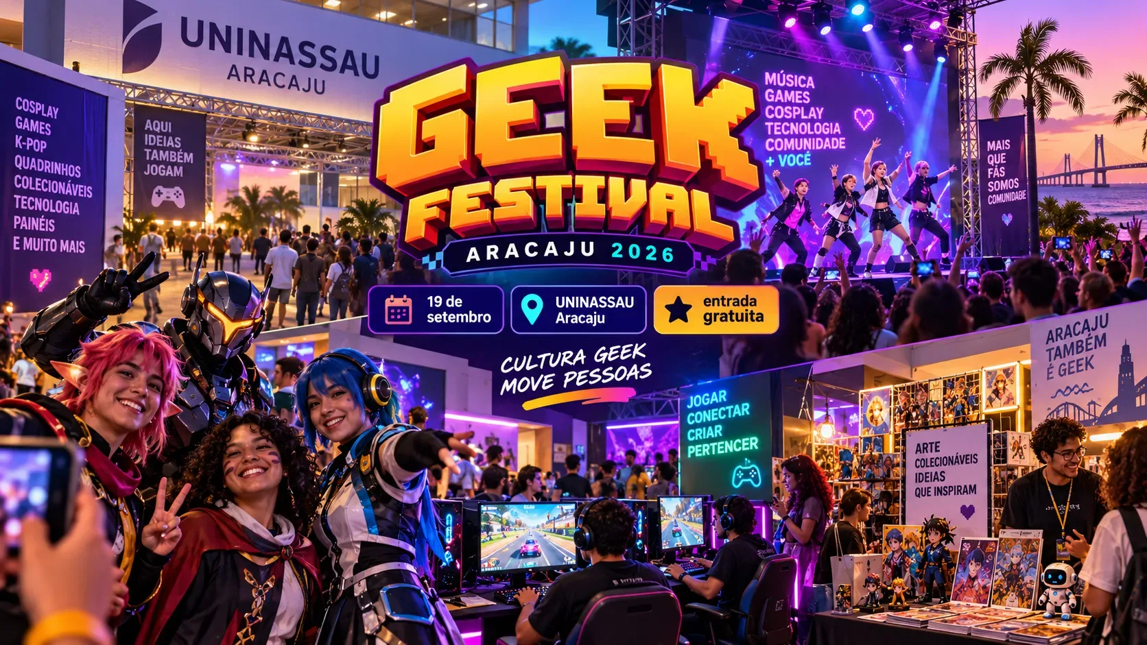 Cena vibrante do Geek Festival Aracaju 2026 com cosplayers, palco de dança, estações de games, estandes e sinalização da UNINASSAU Aracaju.
