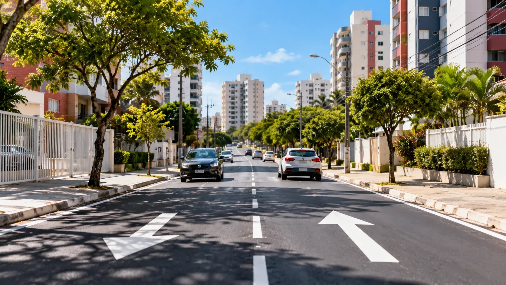 Rua urbana arborizada com edifícios residenciais, carros e setas de direção pintadas no asfalto.
