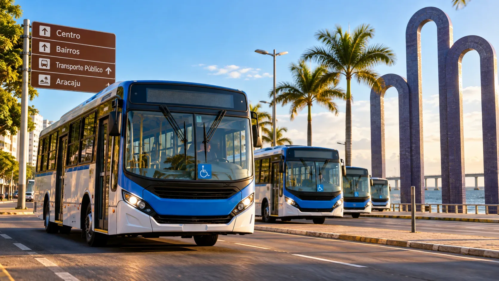 Ônibus urbanos azuis e brancos circulam por uma avenida de Aracaju, com palmeiras e arcos monumentais ao fundo.