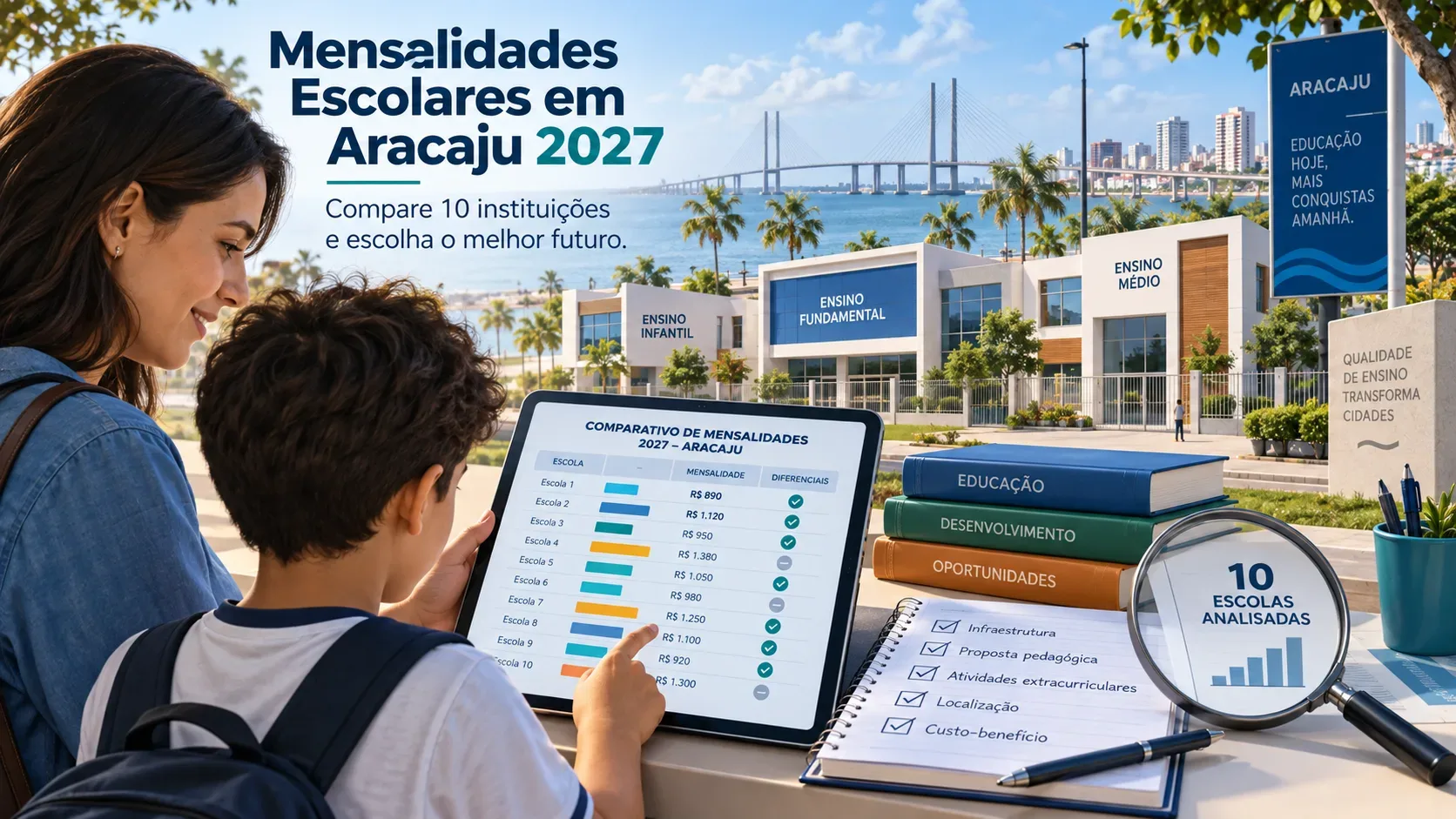 Responsável e estudante analisam em um tablet um comparativo de mensalidades diante de escolas e da paisagem urbana de Aracaju.