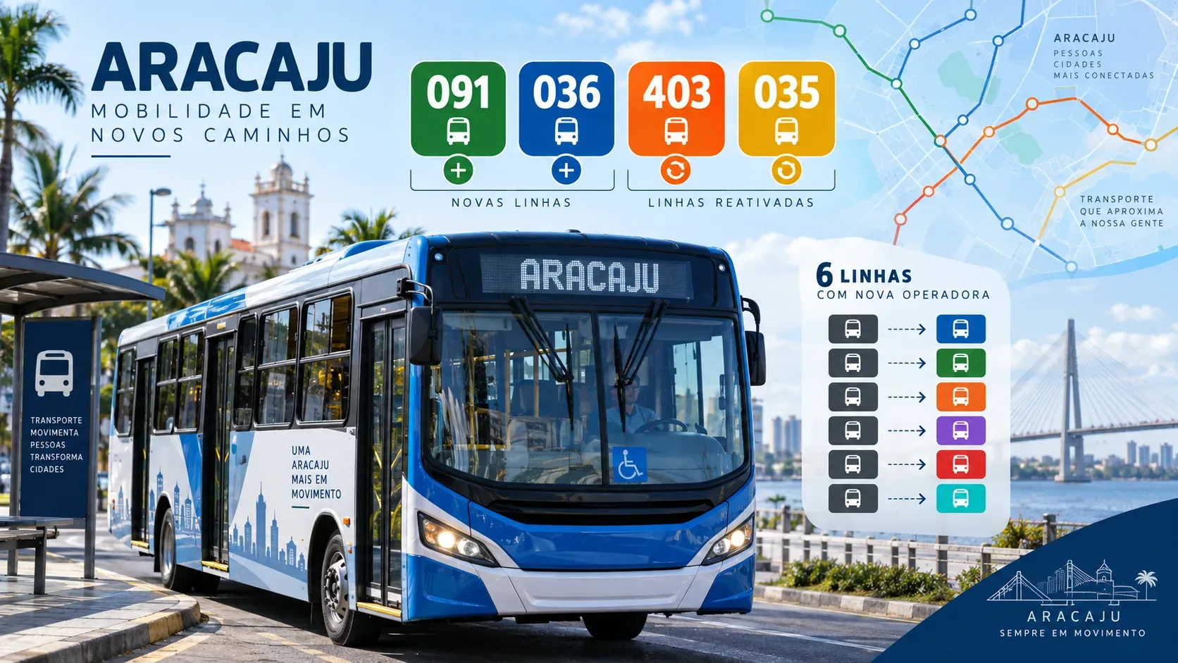 Ônibus urbano azul e branco em Aracaju diante de mapa de rotas, com destaques visuais para as linhas 091, 036, 403 e 035.