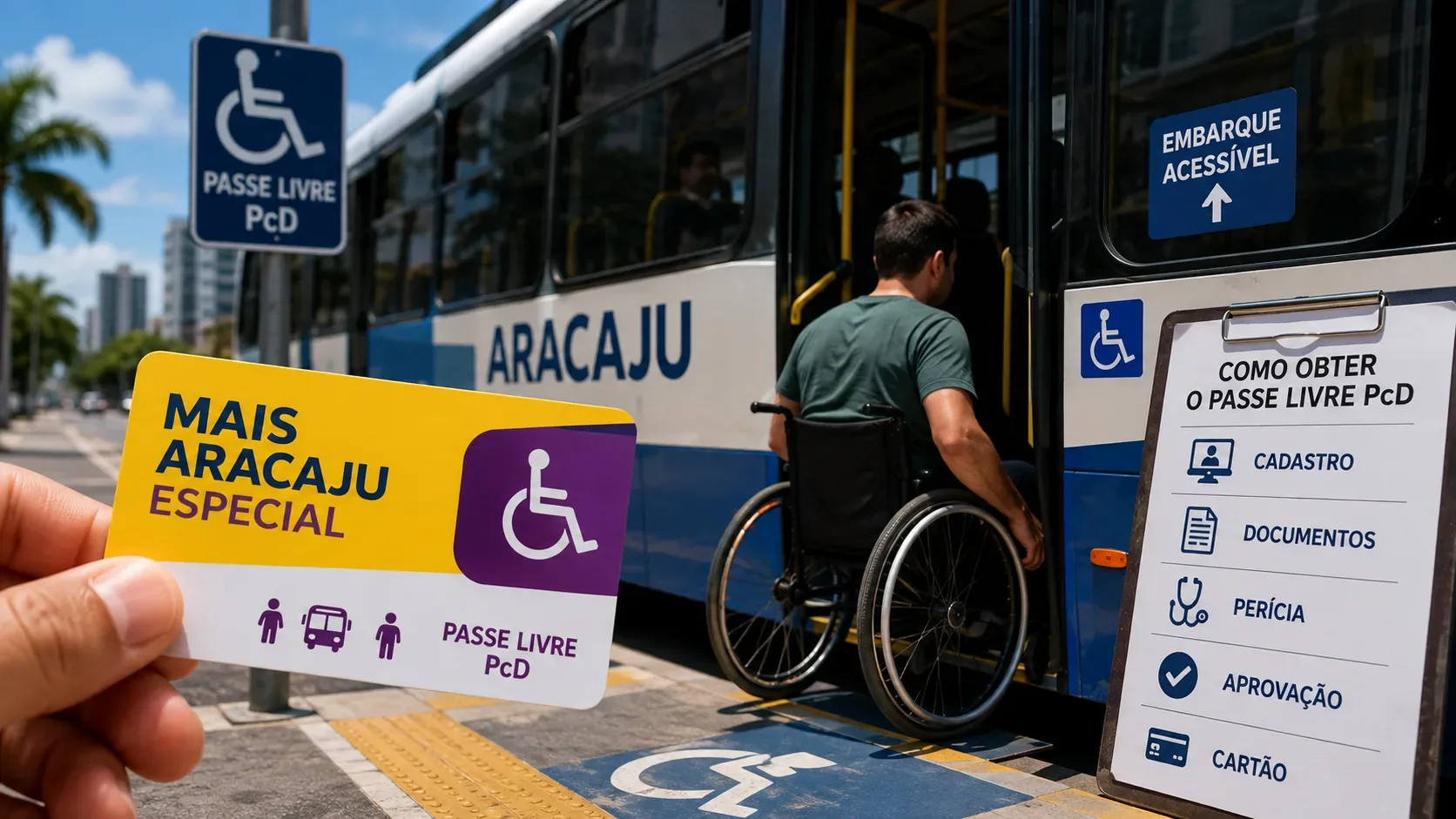 Pessoa em cadeira de rodas embarcando em ônibus acessível de Aracaju, com cartão Mais Aracaju Especial em primeiro plano e sinalização do fluxo de cadastro e perícia.