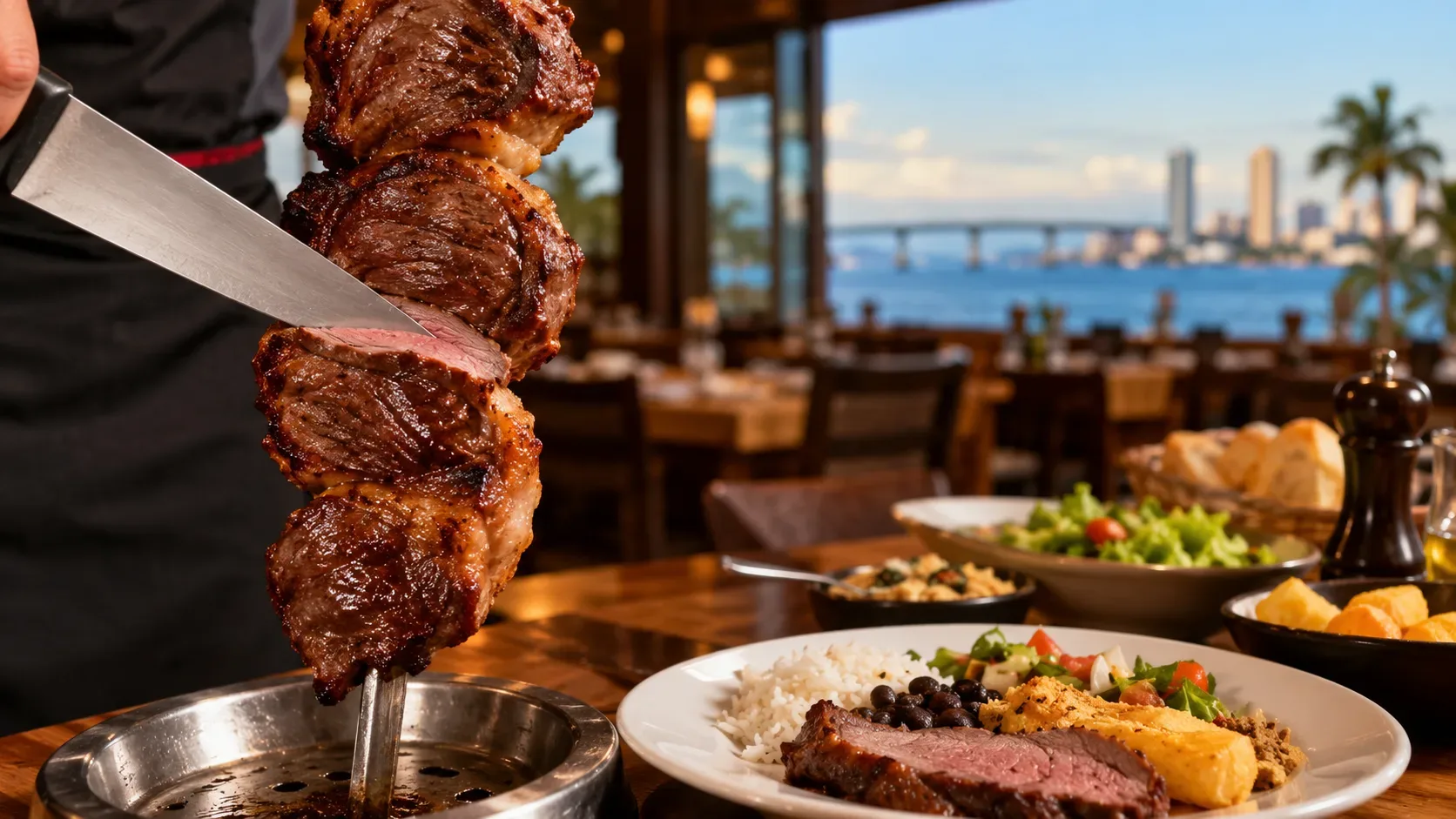Garçom fatiando carne assada no espeto ao lado de mesa com acompanhamentos em churrascaria, com orla e prédios de Aracaju ao fundo.