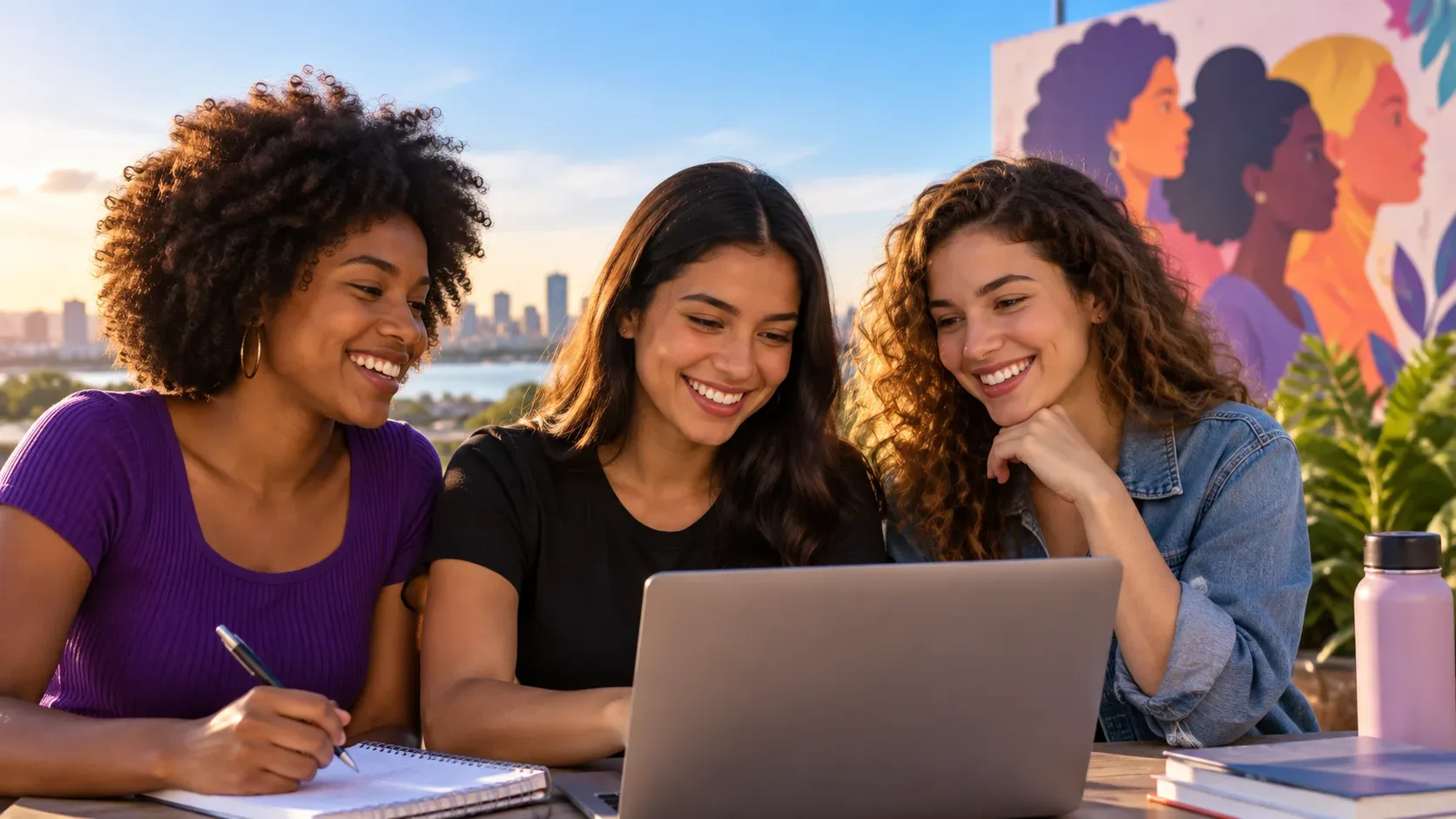 Três jovens mulheres reunidas ao ar livre diante de um notebook, com cadernos e livros sobre a mesa e mural colorido de mulheres ao fundo.