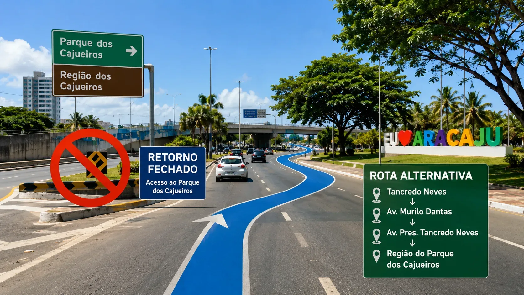 Cena ilustrativa de avenida em Aracaju com viaduto, símbolo de retorno fechado e painel gráfico de rota alternativa para o Parque dos Cajueiros.